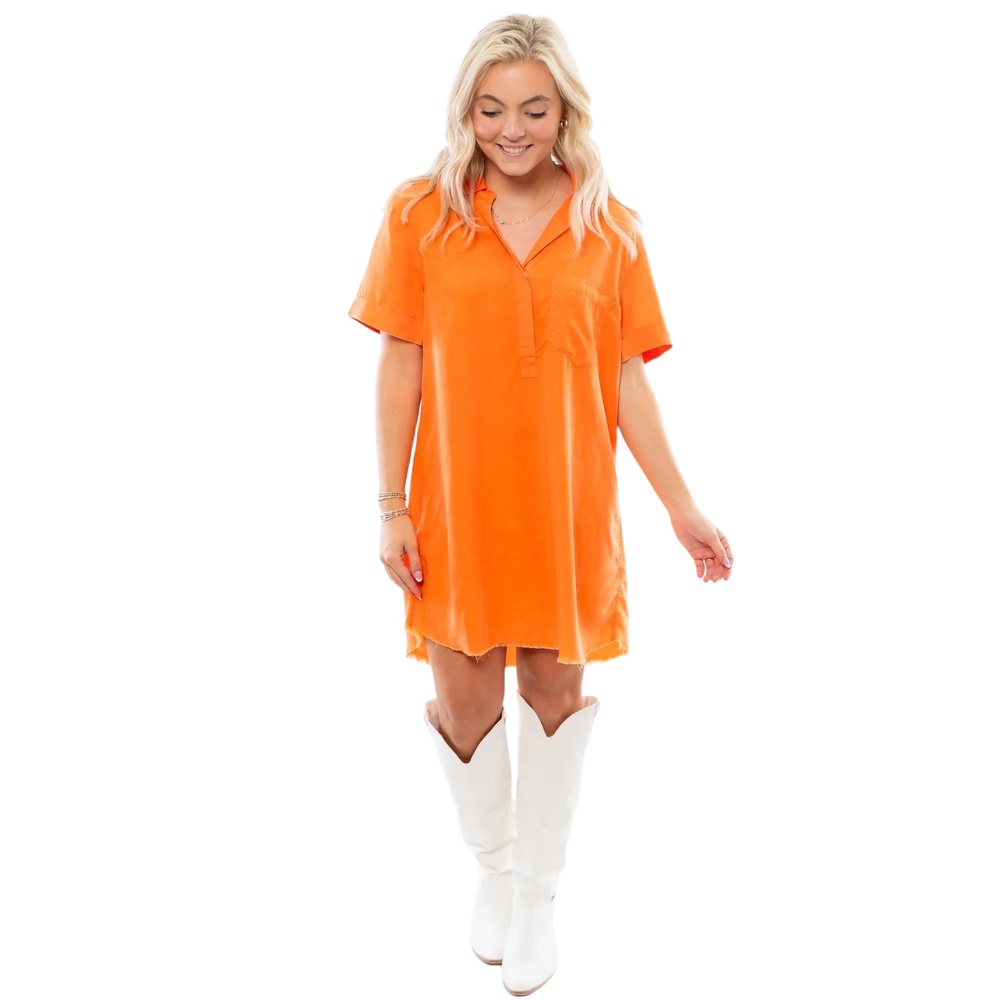 Day+Moon Sunburst Orange Short Sleeve Quiet Luxury Tunic Shift Mini Dress Small
